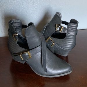 Faux black leather booty with strap